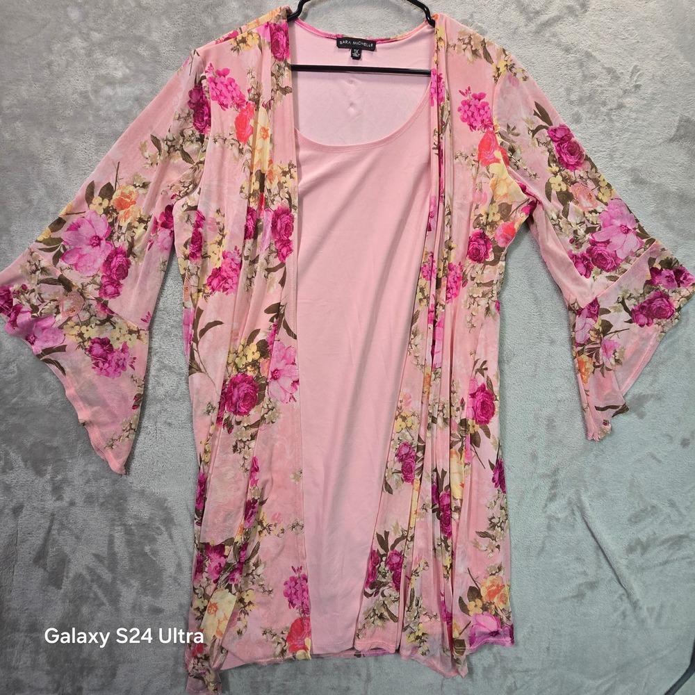 Sara Michelle Pink Floral Mesh Cardigan and Tank Set 1X Bell Sleeve G102709C76X